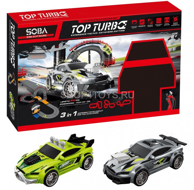 Гоночный автотрек Soba (540 см, 2 машинки на пульте, цифр табло со звуком, система пит. 2в1) - SOBA-A49-6A Гоночный автотрек Soba (540 см, 2 машинки на пульте, цифр табло со звуком, система пит. 2в1) - SOBA-A49-6A