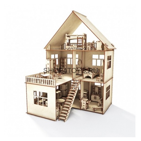 Конструктор ХэппиДом "Коттедж с пристройкой и мебелью" из дерева - HK-D004 Конструктор ХэппиДом "Коттедж с пристройкой и мебелью" из дерева - HK-D004