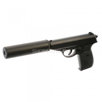 Пистолет пневматика металлический 15 см с глушителем - G.3A Пистолет с декоративным глушителем, пружинным механизмом и металлическим корпусом.