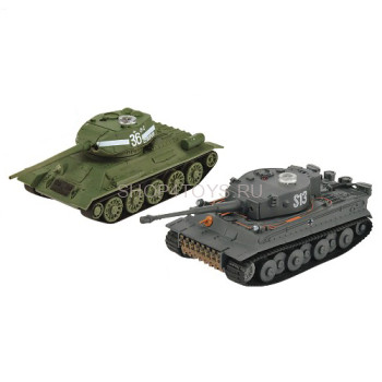 Радиоуправляемый танковый бой VsTank Soviet Т34/85 и Tiger - A03102354 Набор состоит из двух танков в масштабе 1:72, Soviet Т34/85 и Tiger I с инфракрасными пультами управления и деталями для организации полигона.